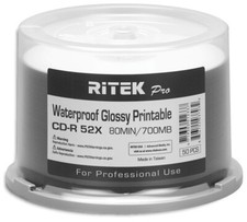 50-Pak RITEK PRO Waterproof GLOSSY White Inkjet Hub 52X 80-Min CD-R's picture