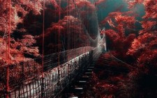 Landscape nature red forest bridge mist trees Custom Gaming Mat Desk picture