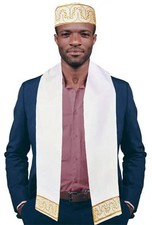 Off White and Gold Embroidered African Hat and Sash-Scarf | African Fashion | Du picture