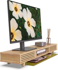 Bamboo 42” Dual Monitor Stand with Sliding Doors Desk Shelf | Ergonomic Relief picture