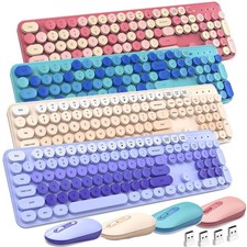 Wireless Keyboard Mouse Set Silent Full-Sized Colorful Typewriter Round Keycap picture