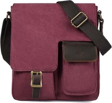 Canvas Leather Messenger Bag Water-Resistant Burgundy Red picture