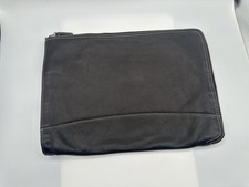 Levenger Laptop Bag Dark Brown Pebbled Leather Zipper Plaid Fabric Lining picture