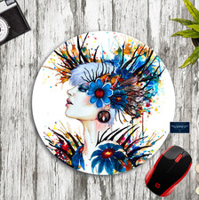TRIBAL BLUE FLORAL LADY WATERCOLOR ART CUSTOM ROUND PC DESK MAT MOUSE PAD GIFT picture