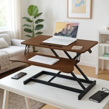 32 Inch Desk Converter Adjustable Sit Stand Riser Workstation Ergonomic - Walnut picture
