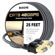 Busohe Cat 8 Ethernet Cable 25 ft 15 Clips Black High Speed 40Gbps 2000Mhz picture