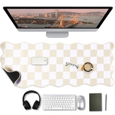 1 Pcs Beige Scalloped Checkered Desk Mat 31.5 x 11.8 Inch Large Cute Pad Comp... picture