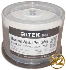 100-Pak 25GB Ritek Pro White THERMAL Hub Printable BLU-RAY BD-R's in Cakebox picture