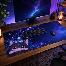 Cute Galaxy Cat Desk Mat Celestial Gaming Mouse Pad 36x18 picture