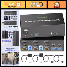 Triple Monitor KVM Switch for 2 PCs, HDMI & DisplayPort, 4K@60Hz, Audio, 4 USB 3 picture