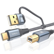 Printer Cable 2-In-1 USB-A/C to USB-B Cable High Speed Braided 10Ft Grey picture