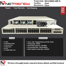 Cisco Catalyst WS-C3850-48F-S 48-Port Full PoE+ Gigabit Switch w/C3850-NM-4-1G picture