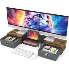 Rustic Brown Dual Monitor Riser with 2 Drawers - Ergonomic Desk Organizer picture
