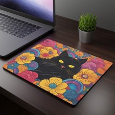 Black Cat Mouse Pad, Floral Desk Accessory, cat lover gift, Black Cat desk mat picture