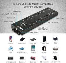 Sipolar 20-Port Powered USB 2.0 Hub, Industrial Metal, Rack Mountable, 12V 10A, picture