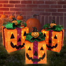 Halloween Lighted Gift Boxes Set of 3 Pumpkins Décorations Outdoor, Halloween Pa picture