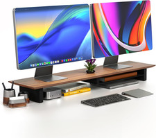 Solid Wood Dual Monitor Stand Riser, 42 Inch Walnut Desk Shelf picture