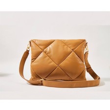 Vegan Leather Quilted Crossbody Clutch Bag Camel Tan Gold Hardware Star Charm picture