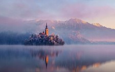 Landscape castle lake mountains slovenia bled island Custom Gaming Mat Desk picture