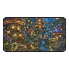 Enchanted Mushroom Village Desk Mat  Fairy Night Forest Mouse Frog Scene picture