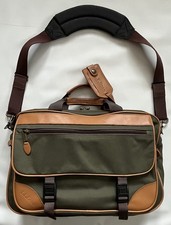 L. L. BEAN Vintage Green Canvas Tan Leather Messenger Laptop Travel Bag picture