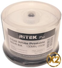 100-Pak 25GB Ritek Pro White Inkjet Hub Printable BLU-RAY BD-R's in Cakebox picture