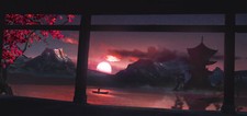 Landscape  art drawing sunset sun mountains boat lake Custom Gaming Mat Desk picture