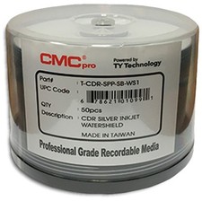 50-Pak CMC PRO =WATERSHIELD & GLOSSY= Silver Pearl Inkjet Hub 52X 80-Min CD-R's picture