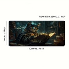 A Large Gaming Mouse Pad Featuring a Steampunk Cat Reading, with a Vintage Fan picture