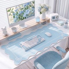 Tellegloww Scalloped Bow Desk Mat Coquette Pad, Sky Blue, 31.5x15.7in | Large... picture