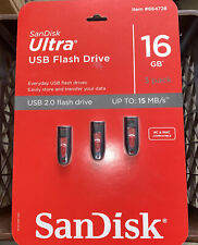 SanDisk Ultra USB 2.0 Flash Drive 16GB Up To 15MB/s PC&MAC COMPATIBLE New 3 Pack picture