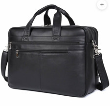 NWT Polare Black Leather Laptop Briefcase w/ Adjustable Strap Fits 15.6 17.3