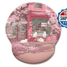 LIMKRIAN Cat Ergonomic Mouse Pad Wrist Rest Pink Cherry Blossom Non-Slip PU Base picture