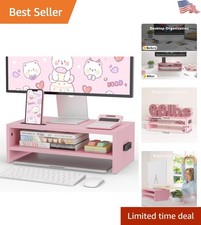 Elegant Ergonomic Wooden Monitor Stand Riser – 2-Tier Pink Desk Organizer picture