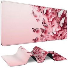 Pink Butterfly Pad Large Floral Desk Mat with Stitched Edges picture