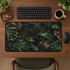 Dark Green Botanical Desk Mat, Tropical Leaf Mouse Pad, Gold Jungle Decor picture