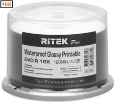 50-Pak RITEK PRO Waterproof GLOSSY White Inkjet Hub 16X 4.7GB DVD-R's picture