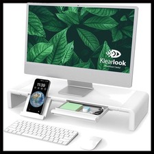 White Ergonomic Monitor Riser Desk Stand with Storage Drawer and Phone Holder... picture