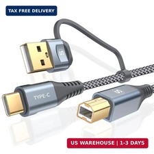 Printer Cable 2-in-1 USB-A/C to USB-B Cord 6.6FT, Type C MIDI Cable Braided High picture