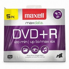 Maxell MaxData DVD+R Blank Recordable Disc Media 4.7GB 120 Min 16x 5 Pack Sealed picture