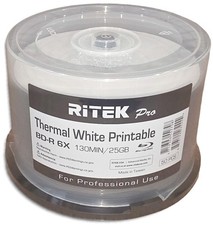 50-Pak 25GB Ritek Pro White THERMAL Hub Printable BLU-RAY BD-R's in Cakebox picture