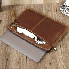 Distressed Genuine Leather Zipper Laptop Sleeve Bag for MacBook Pro 14.2