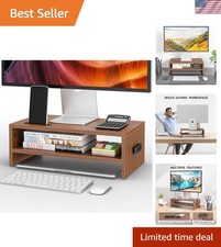 Ergonomic 2-Tier Wooden Monitor Stand with Cellphone Holder & Storage - Walnut picture
