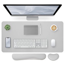 Light Grey Leather Desk Mat Keyboard Wrist Rest Protector 35.4x15.7 In picture