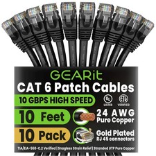 GearIT Cat6 Ethernet Patch Cables 10ft 10-Pack RJ45 Snagless 10Gbps Black picture