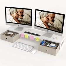 39 Inch Dual Monitor Stand Riser with 2 Drawers - Large White Wooden Computer St picture