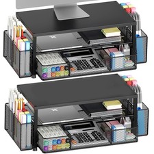 Black 2-Pack 2-Tier Monitor Stand Desk Organizer Drawer Pen Holders picture