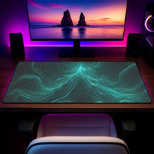 Topographic Contour Desk Mat 16x32 Teal Modern Mouse Pad XL Non-Slip picture