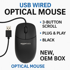 Amazon Basics USB Wired Optical Mouse – 3-Button Scroll, Black, Plug & Play—NEW picture