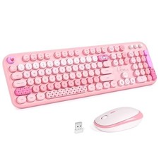 Pink Rainbow Wireless Keyboard Mouse Combo Full Size Round Keycaps 2.4G USB picture